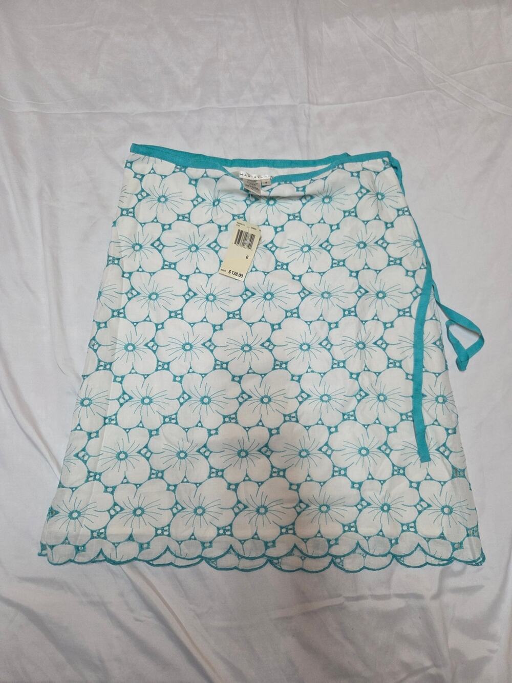 Max Studio White Floral Eyelet Skirt with Teal Trim